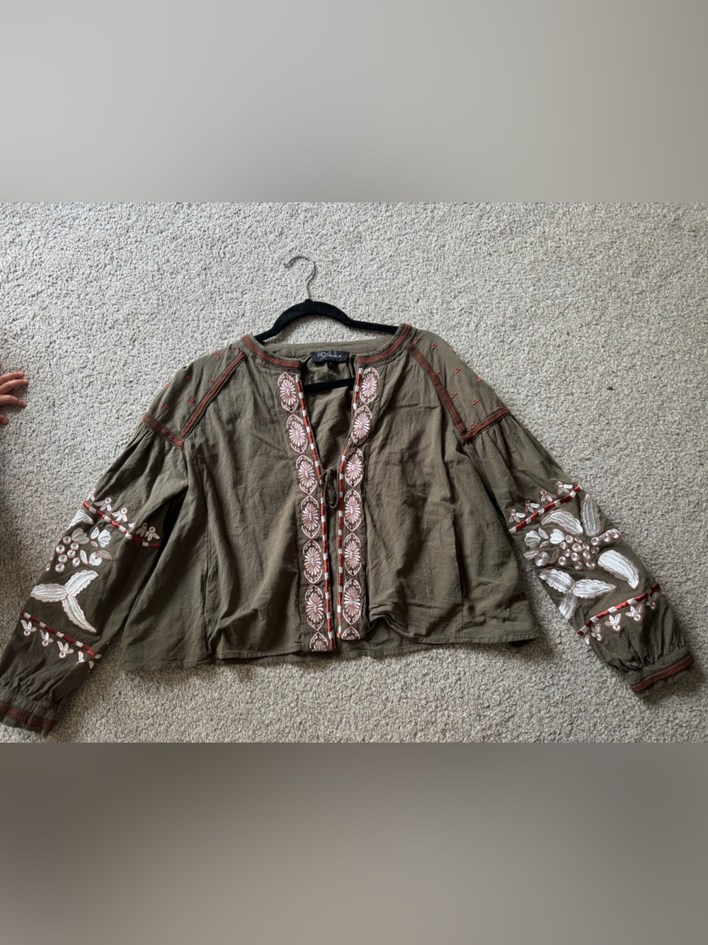 Olive Embroidered Boho Peasant Top